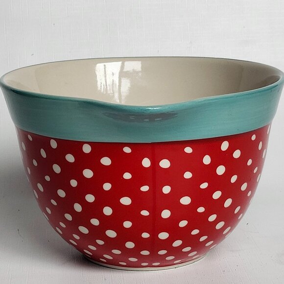 Pioneer Woman Batter Mixing Bowl Turquoise/Red Polka Dot Stoneware 2.83 QT Spout - Picture 3 of 7